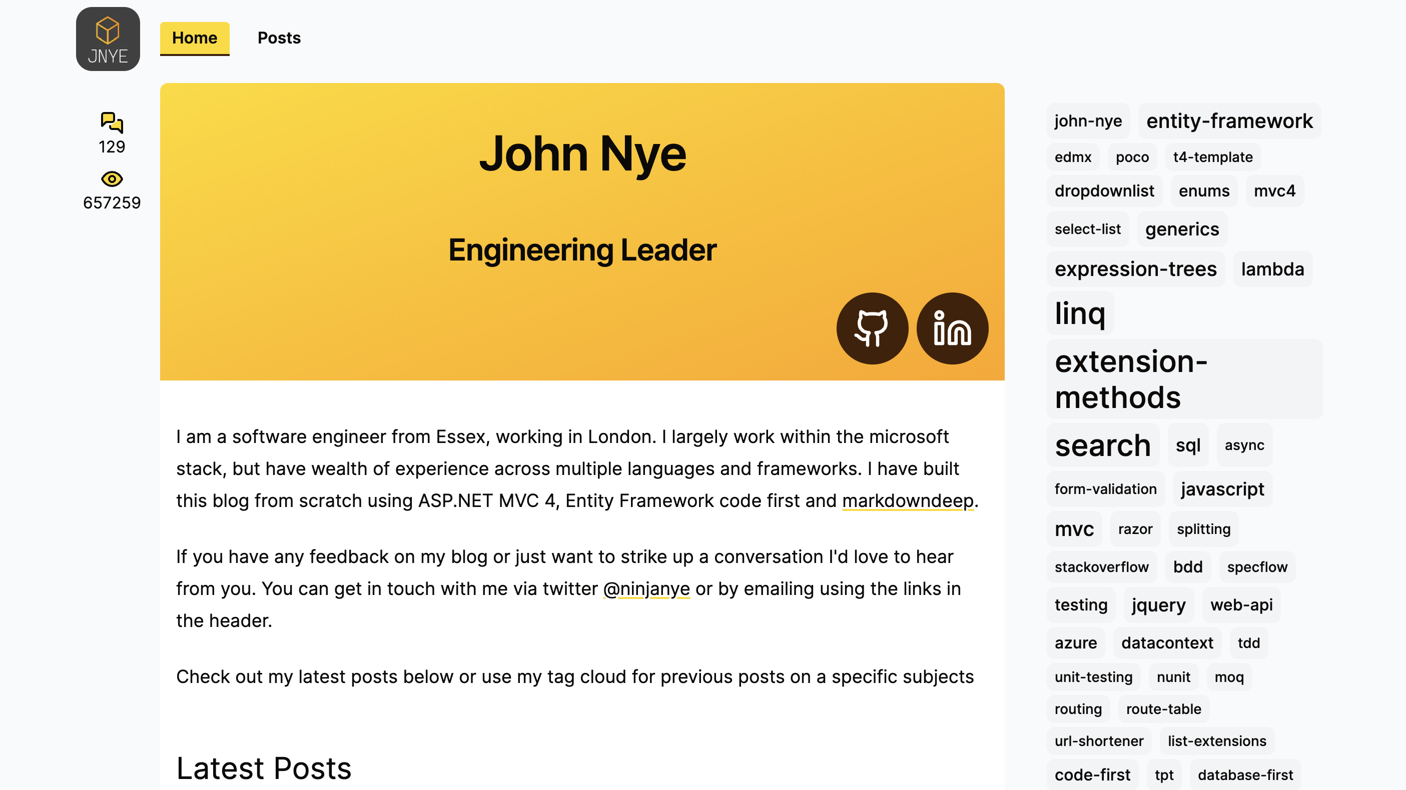 Old blog design - light theme, three-column layout with yellow header